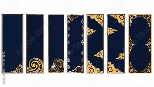 Set of Traditional Asian Vertical Banner Templates with Dark Blue and Gold Cloud Patterns