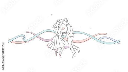 Eternal Embrace: A tender line art illustration of a loving couple, intertwined in an everlasting embrace, with hearts symbolizing their deep connection and ribbons adding a touch of romance.