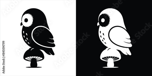 Stylized Owl Perched on a Mushroom, Black and White Design