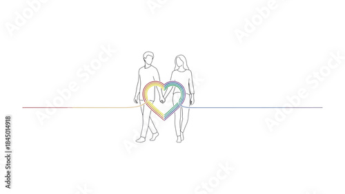 Love's Embrace: A tender line drawing depicts a couple walking hand-in-hand, their journey of love symbolized by a heart interwoven with a spectrum of colors. 