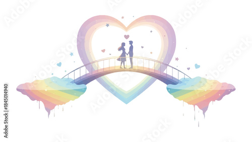 Love's Rainbow Bridge: A silhouette of a couple stands hand in hand on a delicate bridge, arching over a soft rainbow heart, painting a scene of romance, affection, and hope.