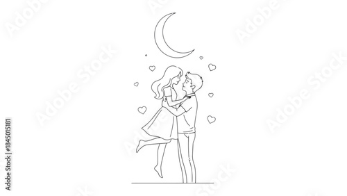 Moonlit Embrace: Two figures embrace beneath a crescent moon, a scene filled with tender love and enchantment. 

