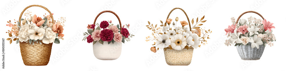 Obraz premium Floral Basket Bouquets: Watercolor Flower Arrangements Set