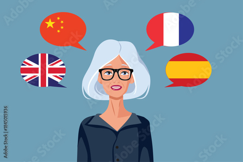 Elderly Woman Speaking Many Languages Vector Illustration. Polyglot Person communicating in Spanish, Chinese, French or English