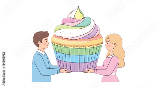 Giant Cupcake: A person couple holding a giant cupcake, celebrating a special moment or occasion. Embodying sweetness and sharing, in a fun and colorful way.