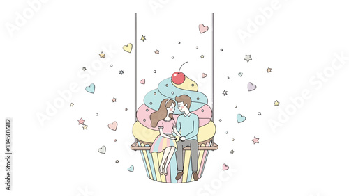 Sweet Moment: A tender couple sits on a cupcake swing, surrounded by a confetti of hearts and stars, as they share an intimate moment of affection.
