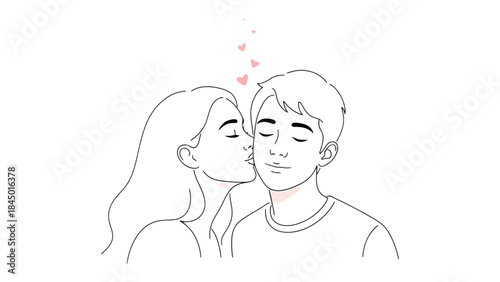 Kiss of Affection: A tender moment unfolds as a woman leans in to bestow a kiss on a man's cheek, their expressions radiating the gentle warmth of affection, framed by soft lines and floating hearts.
