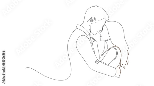 Embrace in Unity: A tender embrace unfolds between a couple, drawn with a single continuous line, capturing the essence of togetherness, love, and emotional connection.