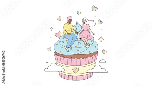 Sweetheart's Cupcake Dream: A delightful illustration captures a couple seated atop a whimsical cupcake, surrounded by hearts and stars.