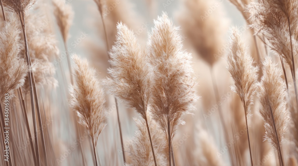 Fototapeta premium Soft beige pampas grass plumes with feathery texture natural dried botanical decor elegant isolated on white background