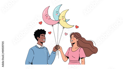 Romantic Moonlit Moments: A charming couple shares a tender moment, holding moon-shaped balloons, symbolizing love and togetherness, creating an atmosphere of pure romance.