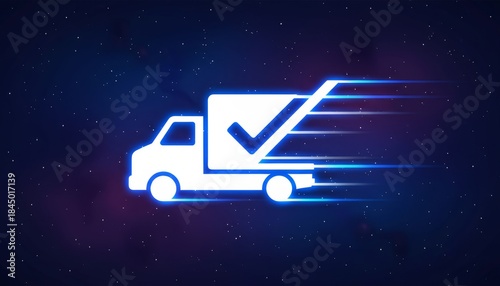 A blue silhouette of a delivery truck with a check mark, symbolizing fast and reliable shipping against a cosmic background.