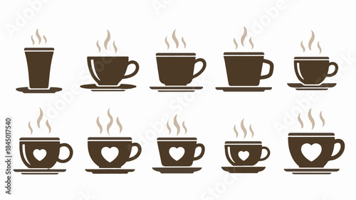 Brown Coffee Cups and Mugs Vector Icon Set Isolated. Monochrome Design with Hearts and Steam.