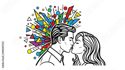 Couple's Embrace: An intimate scene of a man and woman sharing a tender kiss, set against a backdrop of dynamic, abstract shapes, symbolizing love.