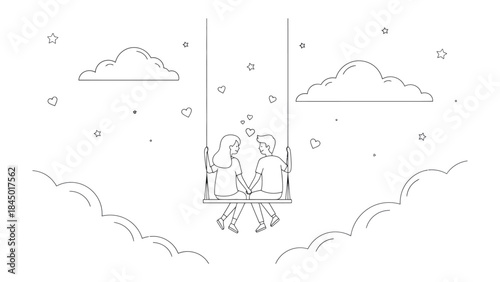 Eternal Bond: A tender moment of togetherness is captured as a loving couple swings in the clouds, illuminated by stars. a gentle expression of romance and shared love.