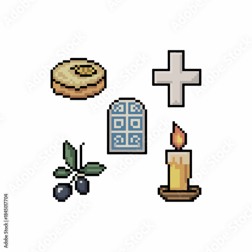 Vector illustration set of religious symbols and icons design art Pixel icons retro 8-bit style