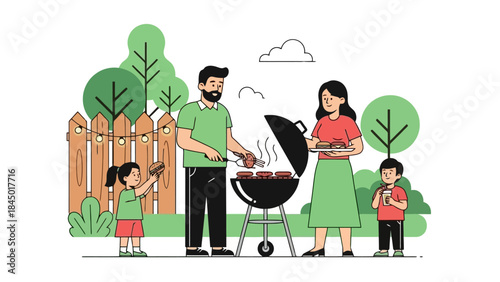 Happy Family Grilling Burgers Outdoors on a Sunny Day Barbecue Party