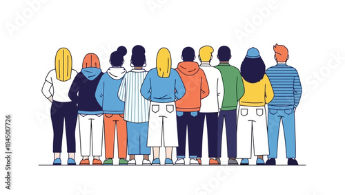 Diverse Group of People Standing Back View Minimalist Vector Illustration