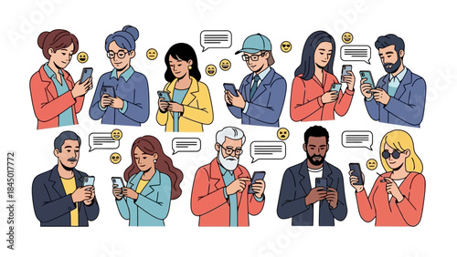 Diverse People Texting and Communicating on Smartphones with Speech Bubbles and Emojis