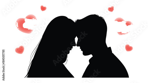 Love's Embrace: Silhouetted against a backdrop of soft red hearts, two figures stand intimately close, their profiles mirroring a deep and tender affection.