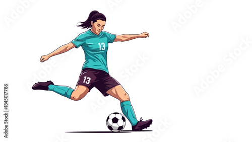 Woman Soccer Player Kicking Ball Action - Athletic Female Sports Illustration