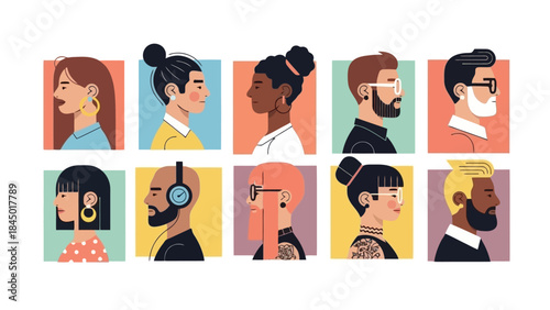 Diverse group of people in profile, modern vector illustration, diverse faces set