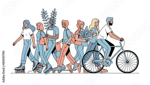 Diverse Group of People Enjoying Eco-Friendly Transportation and Healthy Lifestyle Choices