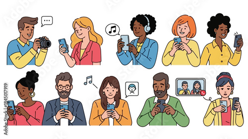 Diverse Group of People Communicating and Enjoying Entertainment on Smartphones