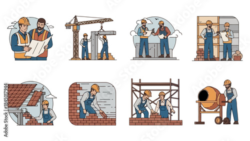 Construction Workers Collaborating on Building Projects, Vector Illustrations Set