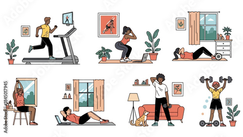 Diverse People Exercising at Home with Fitness Equipment and Online Guidance
