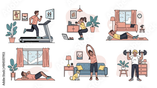 Diverse People Exercising at Home Engaging in Fitness Activities with Equipment