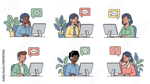 Diverse Customer Service Agents with Headsets and Computers Assisting Clients Online