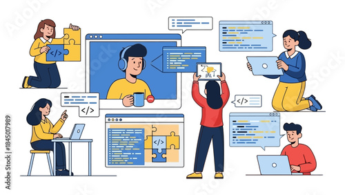 Diverse Team Collaborating on Coding Projects with Laptops and Puzzles