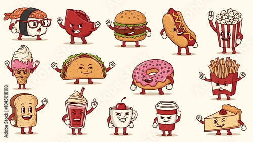 Collection of Cute Cartoon Fast Food Characters with Funny Faces and Arms