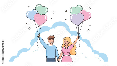 Floating in Love: A couple holding heart-shaped balloons, soaring among fluffy clouds, embody the essence of love, joy, and the journey of togetherness.