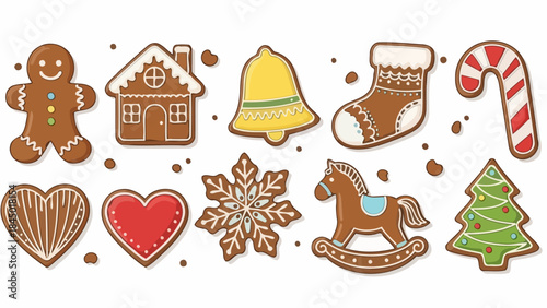 Assortment of Festive Christmas Gingerbread Cookies in Various Shapes, Decorations