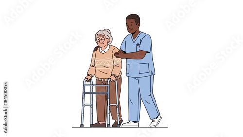 Caring Nurse Supports Elderly Woman Using a Walker for Mobility Assistance