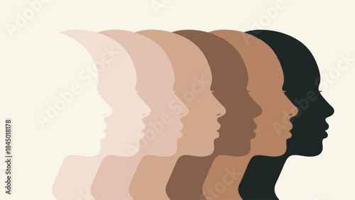 Conceptual profiles illustrating diverse skin tones and human pigmentation gradient