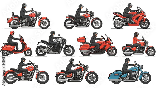 Diverse Motorcycle Types and Riders in Vector Illustration, Transportation Concepts