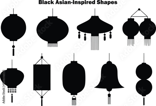A diverse collection of black Asian inspired shapes featuring various traditional lanterns and decorative bells