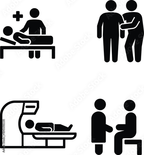 A collection of medical icons representing patient care, diagnosis, and support