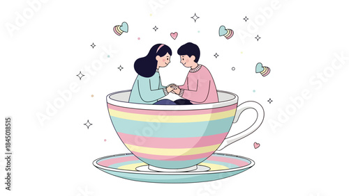 Love's Cozy Embrace: Two figures, hand in hand, share an intimate moment nestled inside a whimsical teacup, surrounded by delicate hearts and stars.
