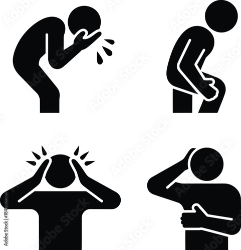 Collection of common health issue pictograms showing vomiting, pain, and headache