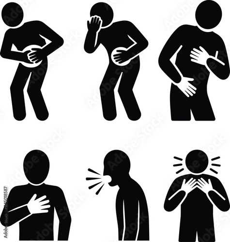 A collection of pictograms showing common illness symptoms including stomach pain, chest pain, and coughing