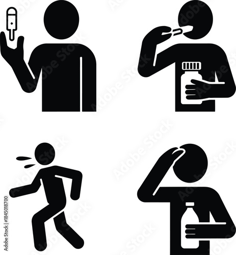 A set of icons representing symptoms of illness, health checkup, and medication intake actions.