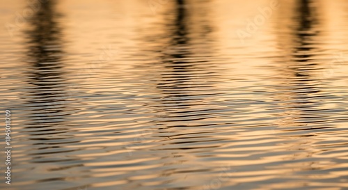 Golden water reflections at sunset, capturing the serene beauty of a tranquil lake or ocean surface illuminated by warm, ambient light