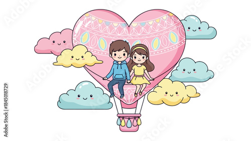 Love's Ascent: A pair of young couple sits nestled within a heart-shaped hot air balloon. With a backdrop of charming, cartoonish clouds that drift gently through a sky full of affection. 