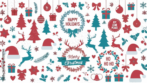 Mega set of Christmas and Holiday icons collection. Vector illustration of red and teal design elements and silhouettes.
