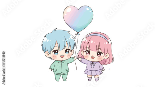 Love's Gentle Embrace: Two adorable figures, holding a heart-shaped balloon, symbolize love and companionship in a whimsical scene.
