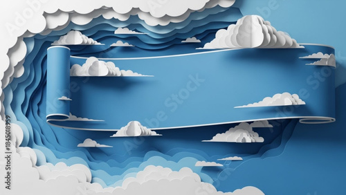 A stylized, intricate paper cut illustration featuring multiple layers of white and blue paper creating a sky and cloudscape, centered around a large blue rolled banner or scroll